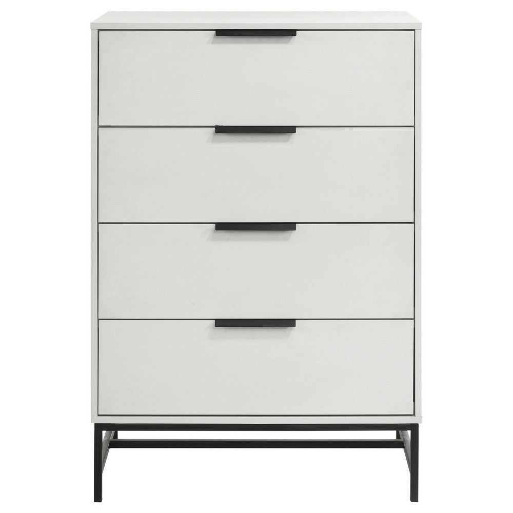 Noro Tall Dresser Chest, 4 Storage Drawers, Modern White, Black Metal -BM329236