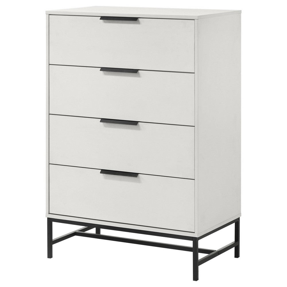 Noro Tall Dresser Chest, 4 Storage Drawers, Modern White, Black Metal -BM329236