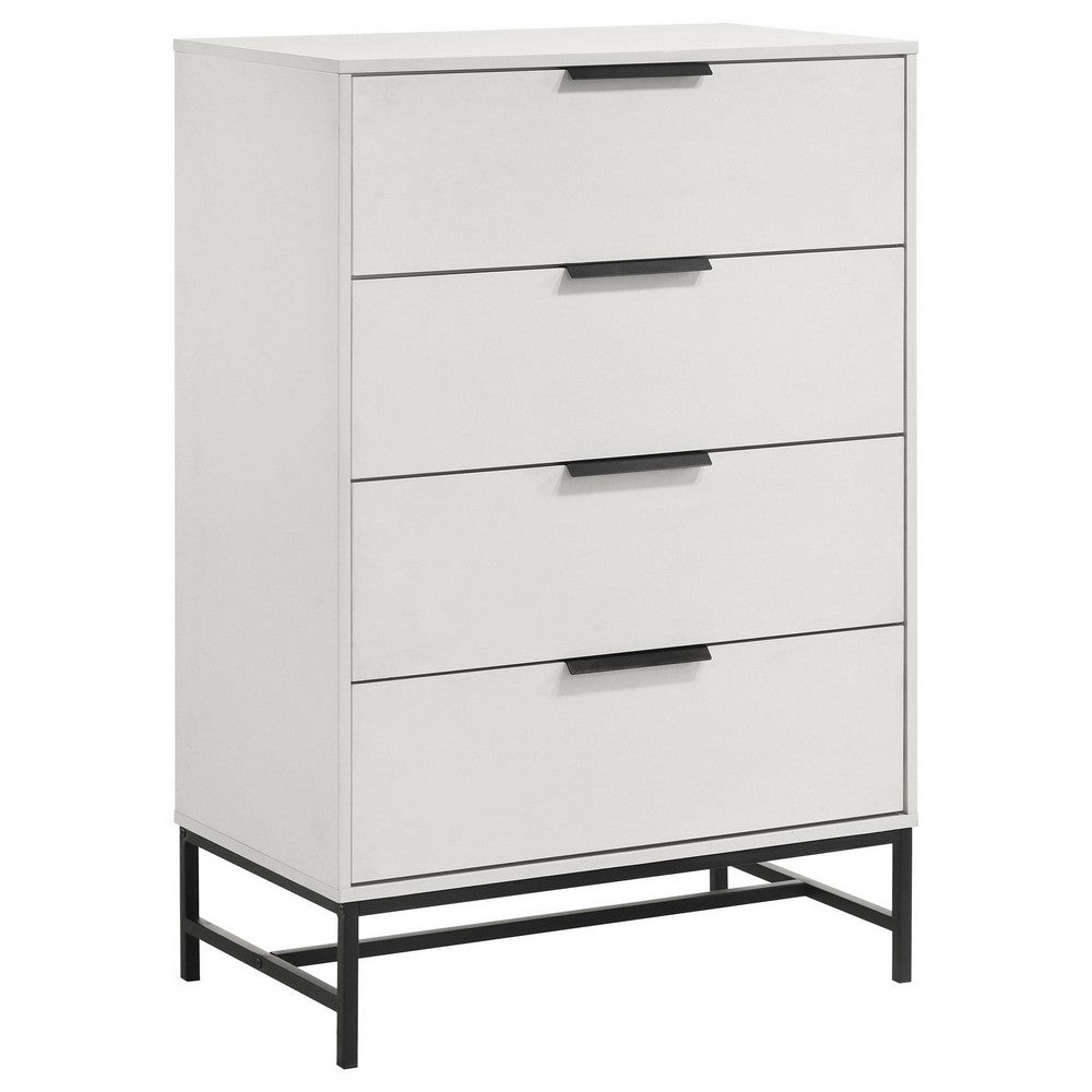Noro Tall Dresser Chest, 4 Storage Drawers, Modern White, Black Metal -BM329236