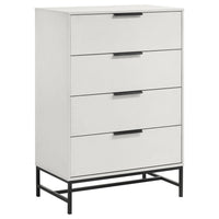Noro Tall Dresser Chest, 4 Storage Drawers, Modern White, Black Metal -BM329236