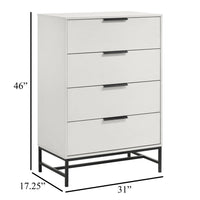 Noro Tall Dresser Chest, 4 Storage Drawers, Modern White, Black Metal -BM329236