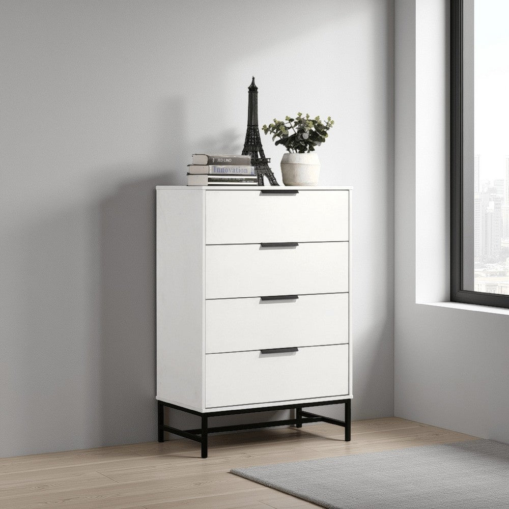 Noro Tall Dresser Chest, 4 Storage Drawers, Modern White, Black Metal -BM329236