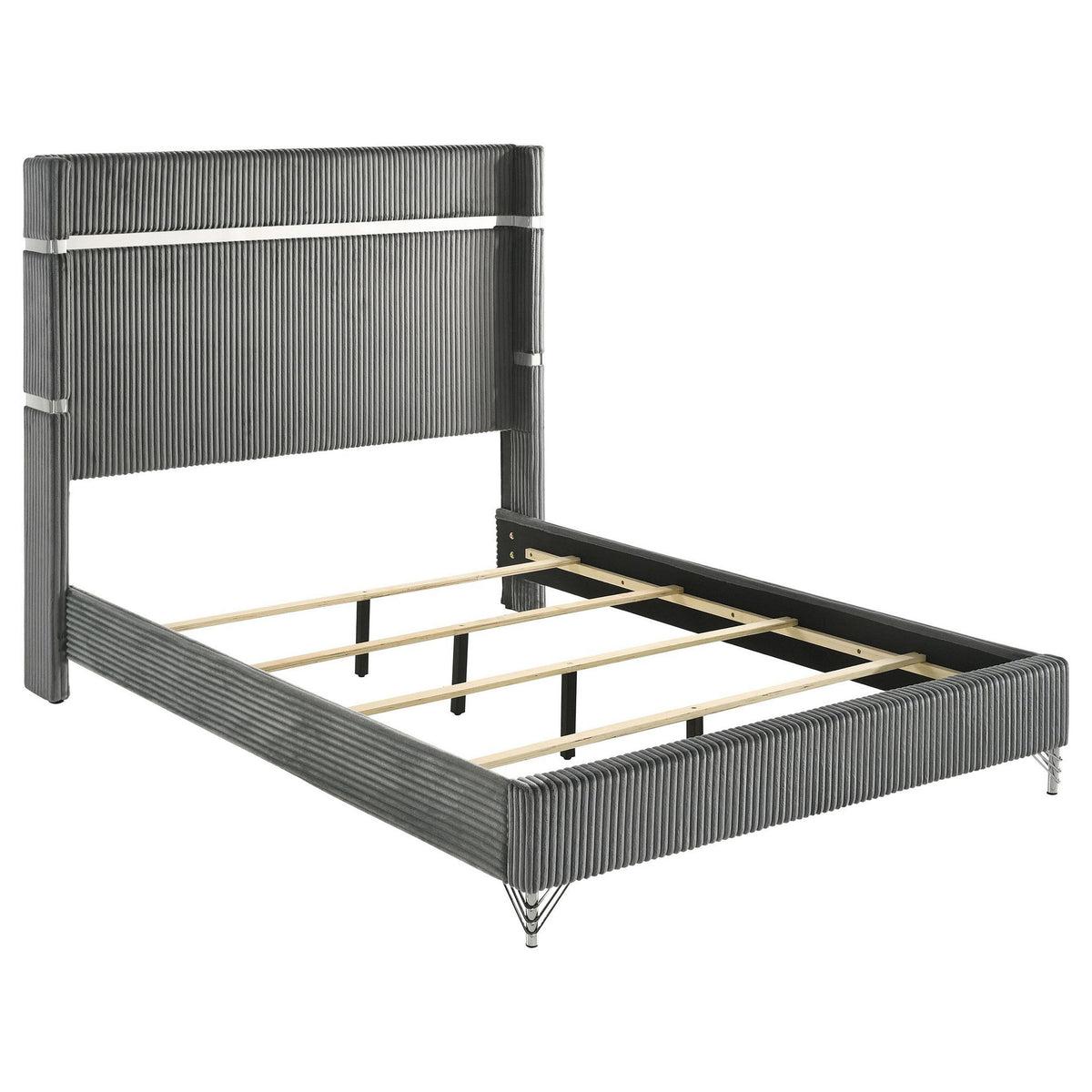 Jenny Queen Size Bed, Wingback Fluted Upholstered Headboard, Gray-BM329241