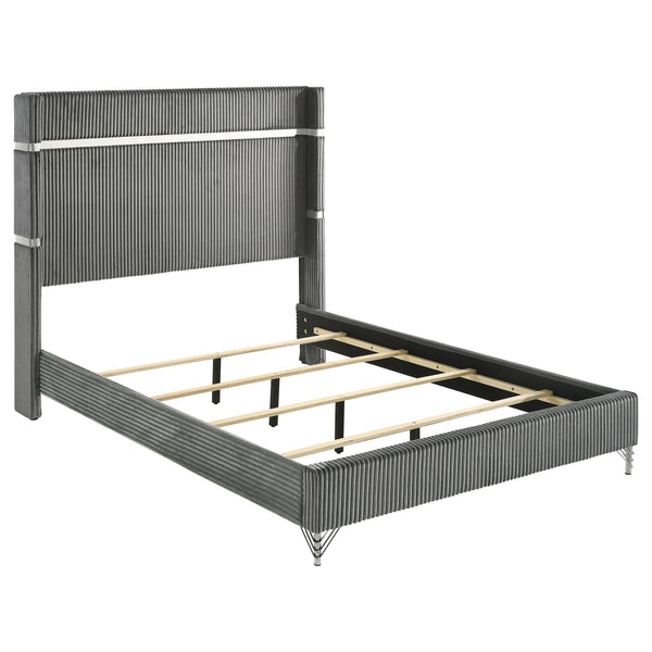 Jenny Queen Size Bed, Wingback Fluted Upholstered Headboard, Gray-BM329241