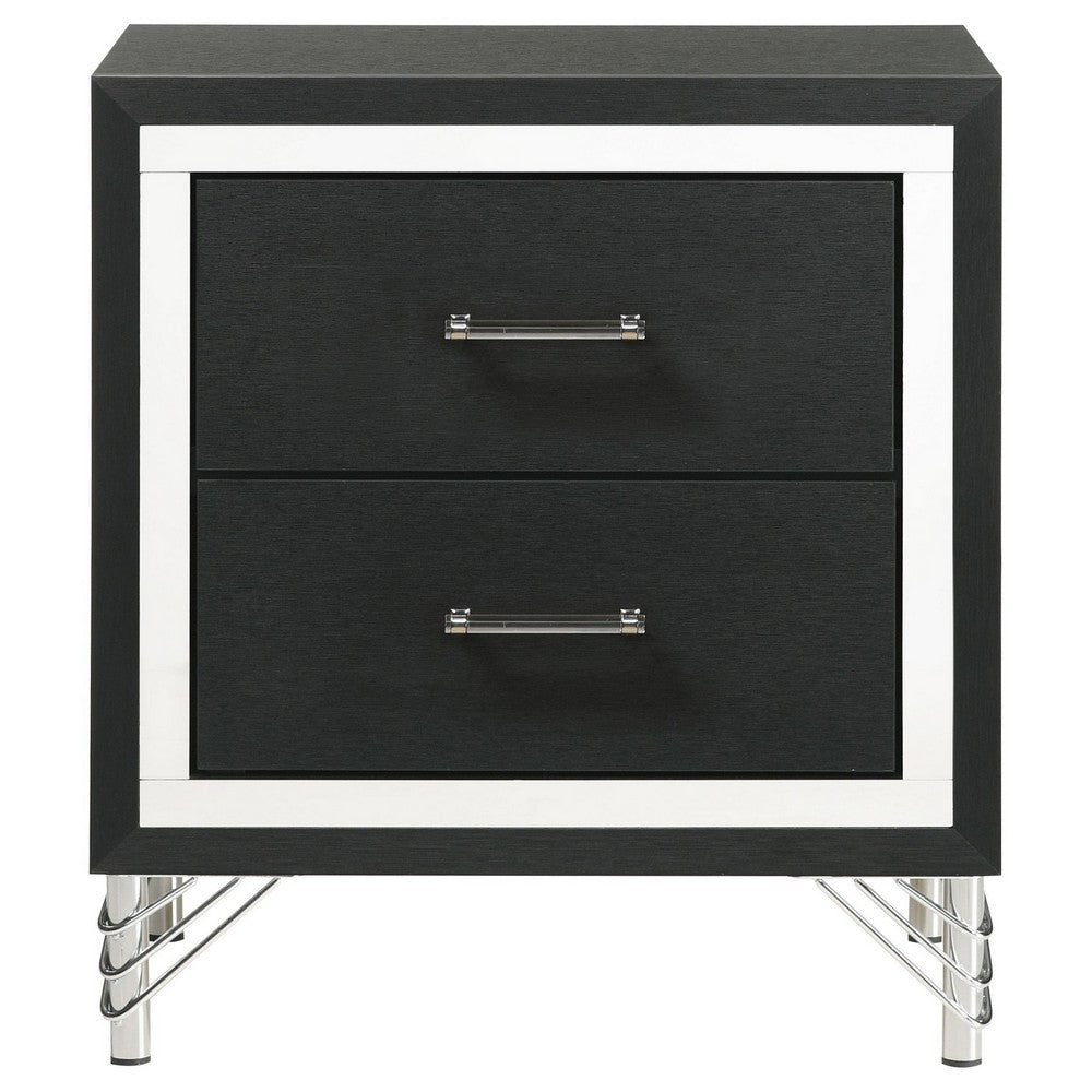 Jenny Nightstand, 24 Inch 2 Drawers and Chrome Accents, Modern Black -BM329243