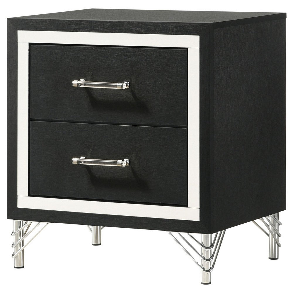 Jenny Nightstand, 24 Inch 2 Drawers and Chrome Accents, Modern Black -BM329243