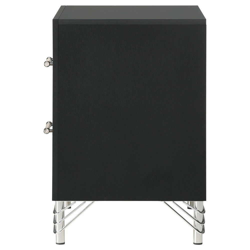 Jenny Nightstand, 24 Inch 2 Drawers and Chrome Accents, Modern Black -BM329243