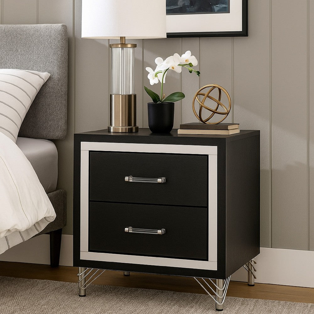 Jenny Nightstand, 24 Inch 2 Drawers and Chrome Accents, Modern Black -BM329243