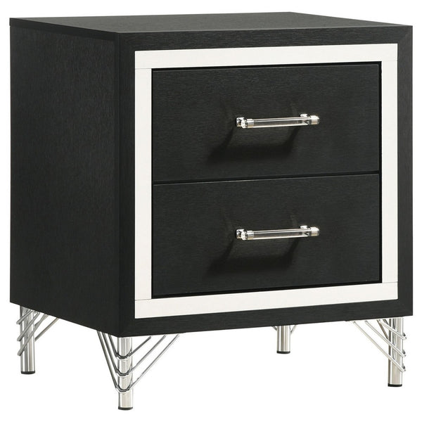 Jenny Nightstand, 24 Inch 2 Drawers and Chrome Accents, Modern Black -BM329243