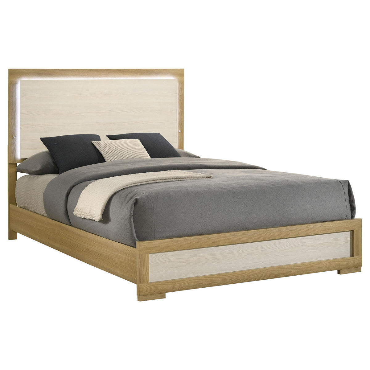 Hyle Queen Size Bed, Natural Brown Hardwood, LED Backlit Headboard