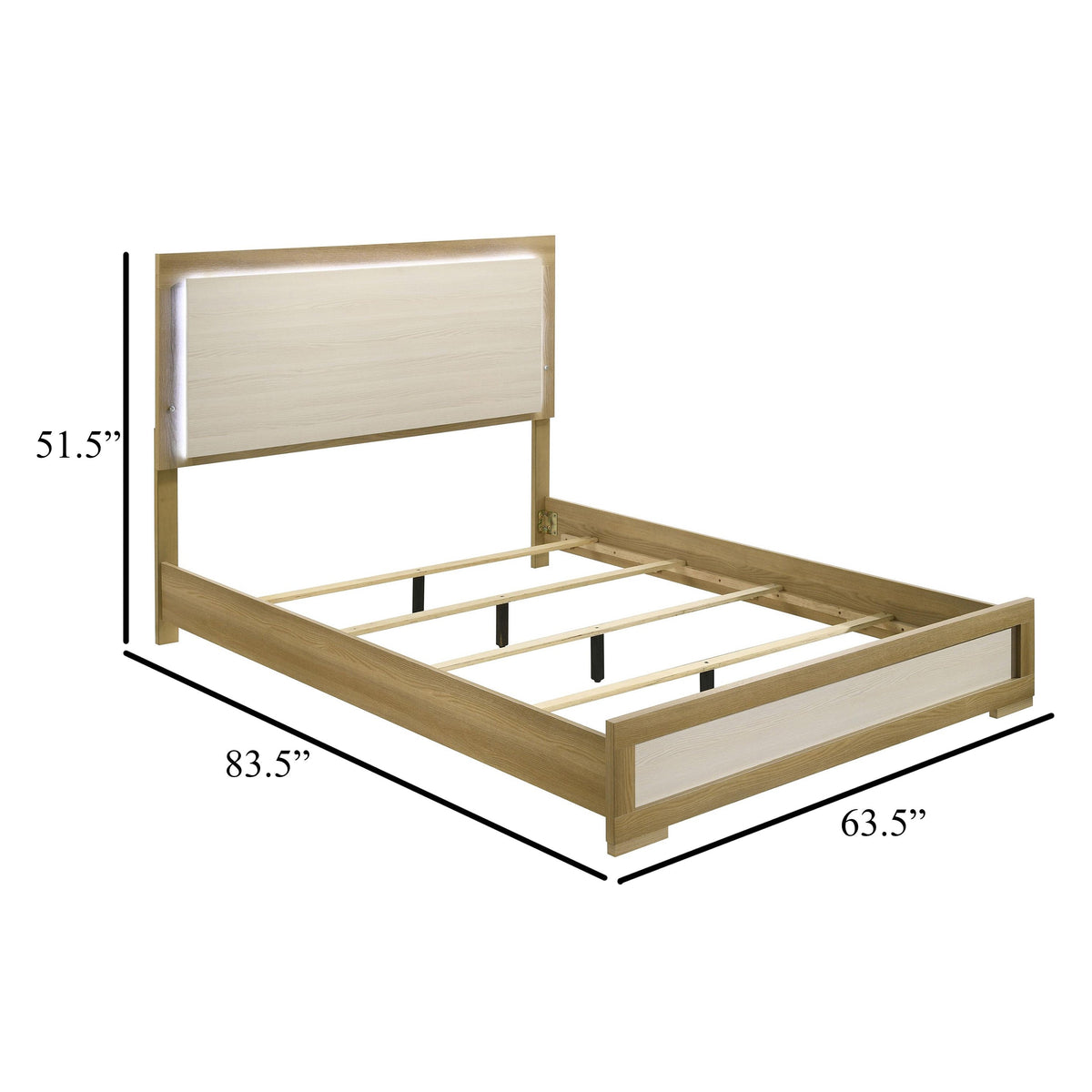 Hyle Queen Size Bed, Natural Brown Hardwood, LED Backlit Headboard