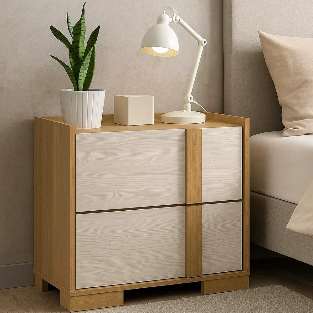 Hyle Nightstand, 2 Drawers, 24 Inch Modern Natural Brown and White -BM329248