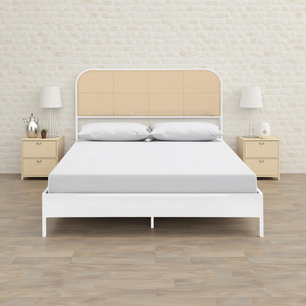 Ammy Queen Bed, Radio Weave Headboard, Brown Faux Rattan, White Metal  -BM329251