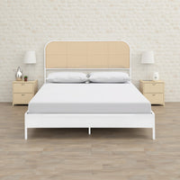 Ammy Queen Bed, Radio Weave Headboard, Brown Faux Rattan, White Metal  -BM329251