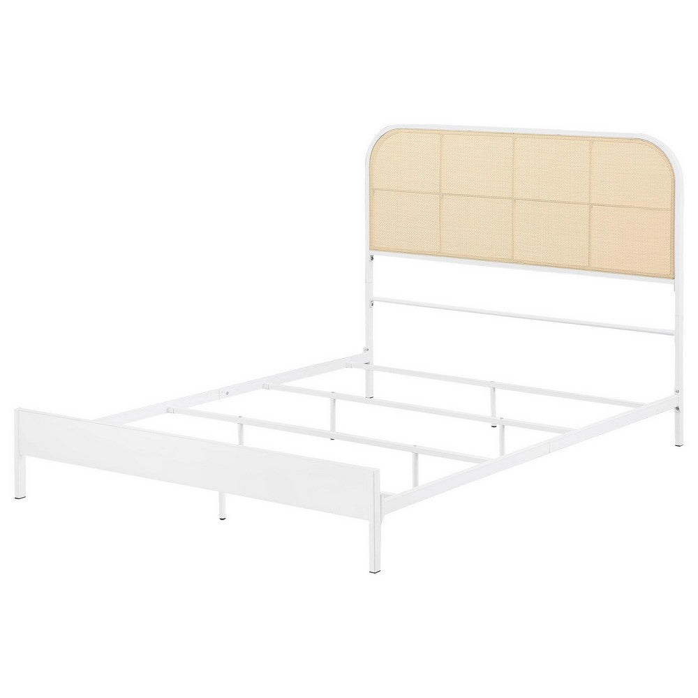 Ammy Full Bed, Radio Weave Headboard, Brown Faux Rattan, White Metal  -BM329253
