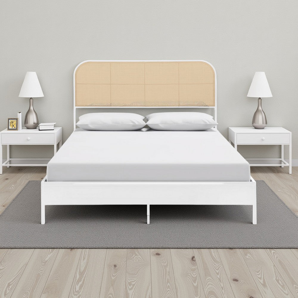 Ammy Full Bed, Radio Weave Headboard, Brown Faux Rattan, White Metal  -BM329253