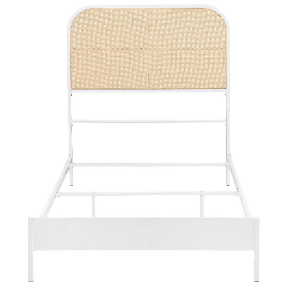 Ammy Twin Bed, Radio Weave Headboard, Brown Faux Rattan, White Metal  -BM329254