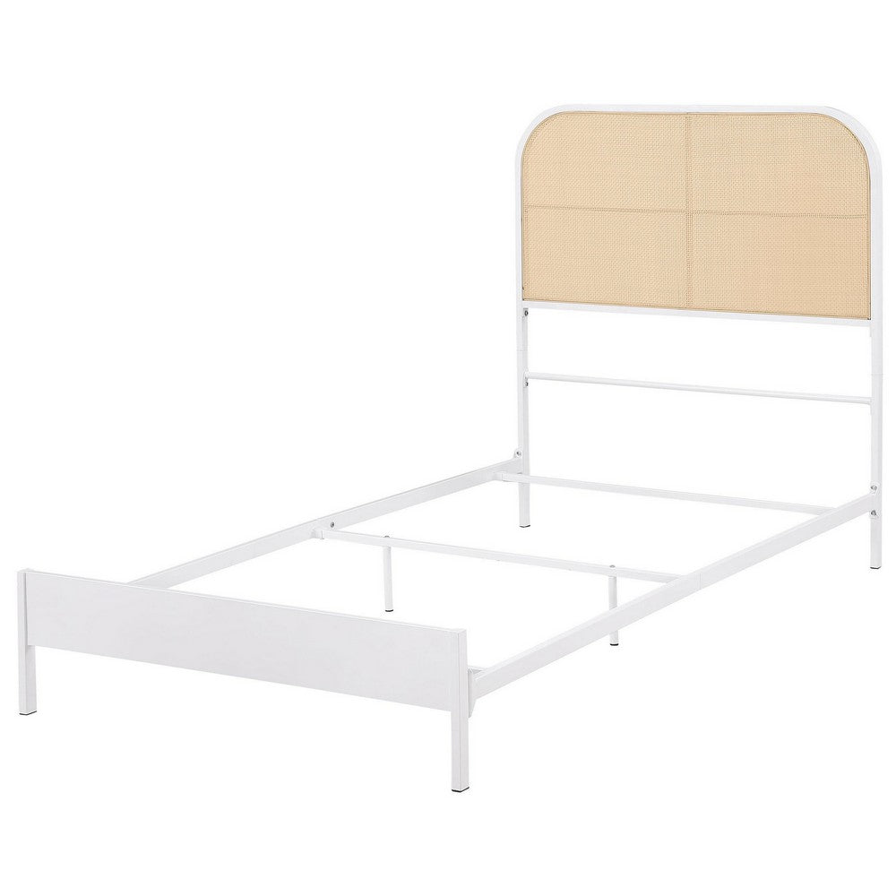 Ammy Twin Bed, Radio Weave Headboard, Brown Faux Rattan, White Metal  -BM329254