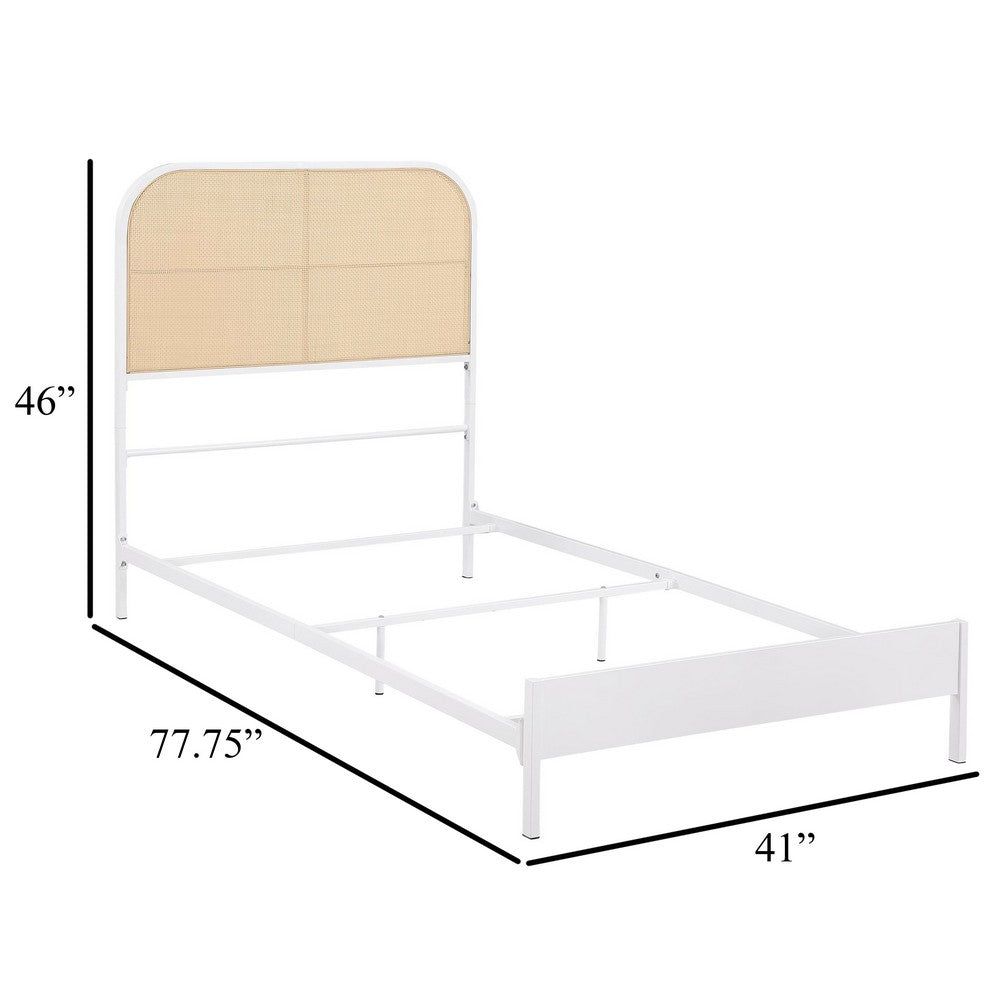 Ammy Twin Bed, Radio Weave Headboard, Brown Faux Rattan, White Metal  -BM329254