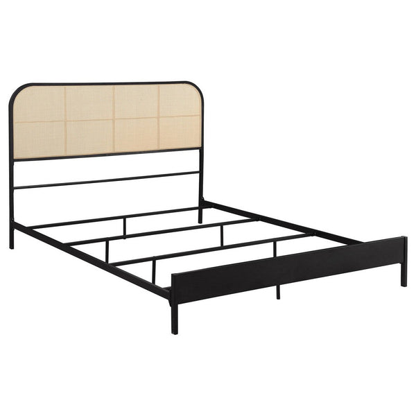 Ammy Queen Bed, Radio Weave Headboard, Brown Faux Rattan, Black Metal  -BM329255