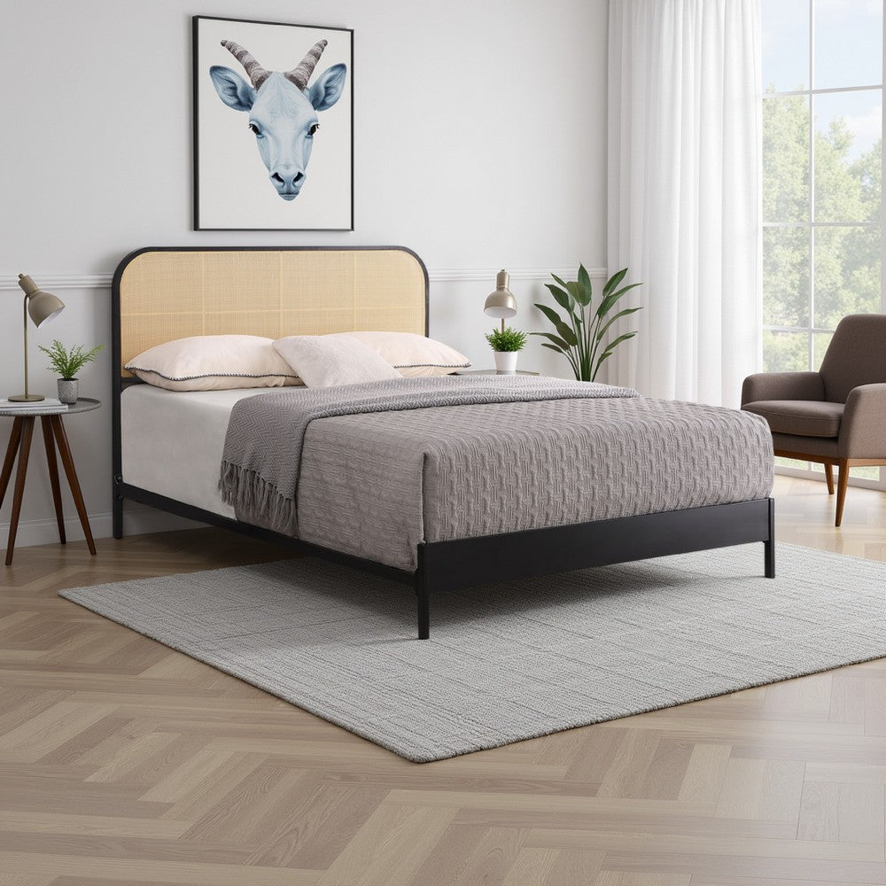 Ammy Queen Bed, Radio Weave Headboard, Brown Faux Rattan, Black Metal  -BM329255