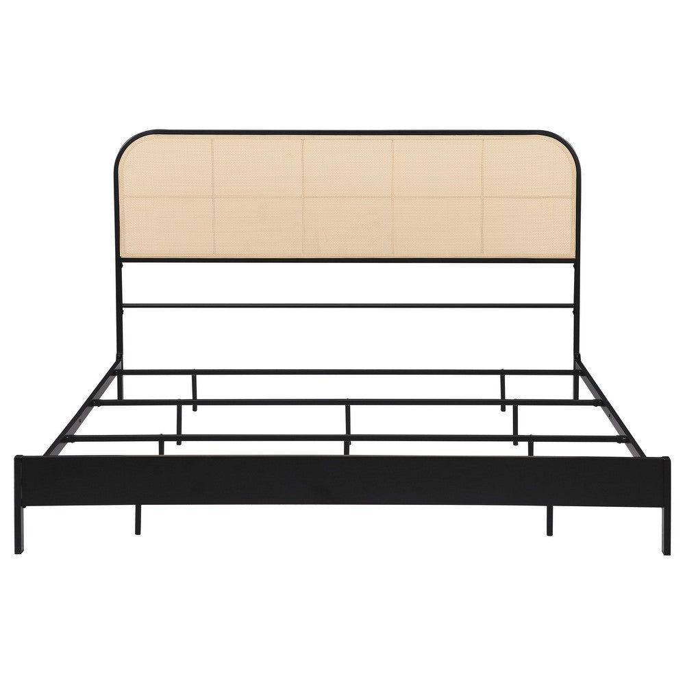 Ammy King Bed, Radio Weave Headboard, Brown Faux Rattan, Black Metal  -BM329256
