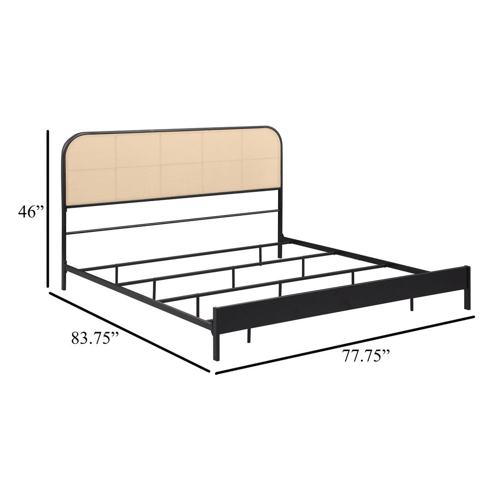 Ammy King Bed, Radio Weave Headboard, Brown Faux Rattan, Black Metal  -BM329256