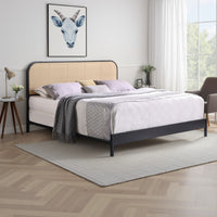 Ammy King Bed, Radio Weave Headboard, Brown Faux Rattan, Black Metal  -BM329256