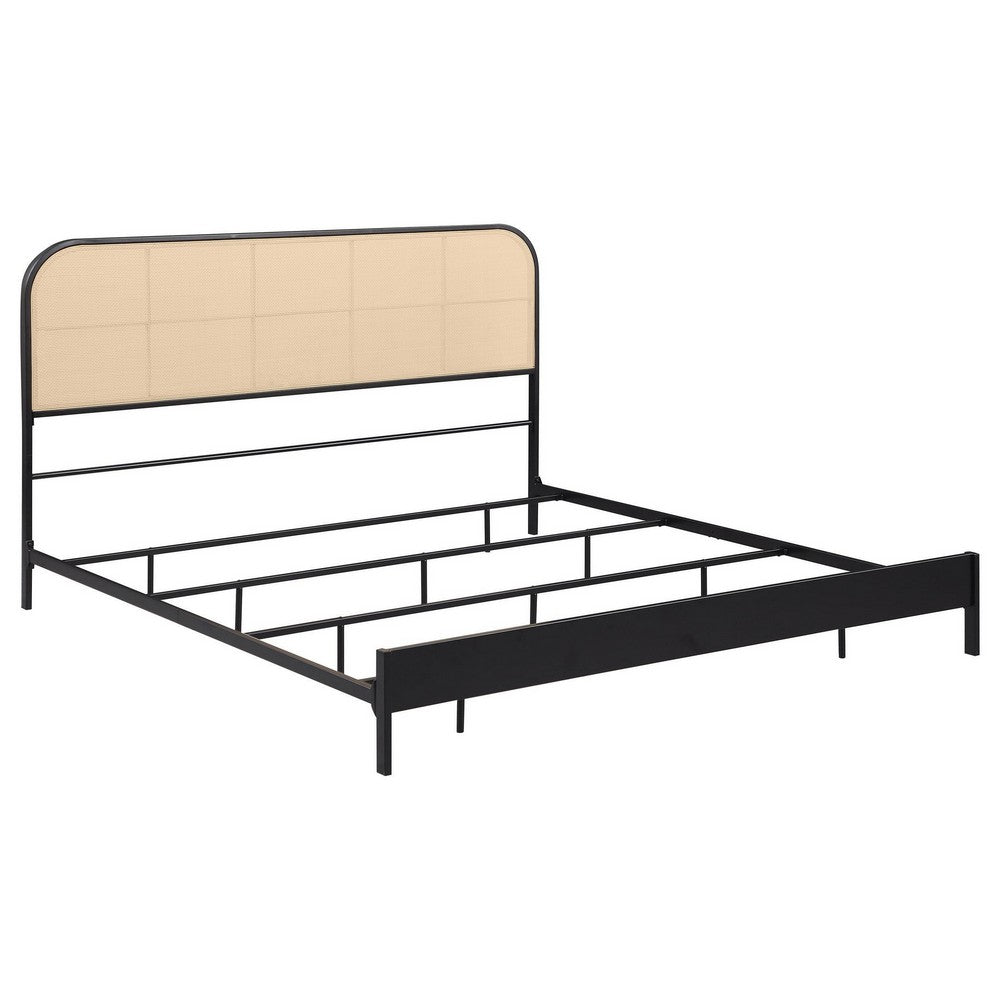 Ammy King Bed, Radio Weave Headboard, Brown Faux Rattan, Black Metal  -BM329256