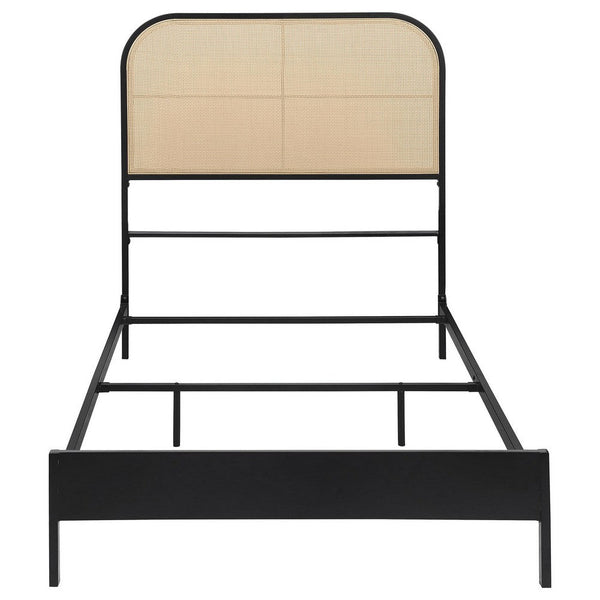 Ammy Twin Bed, Radio Weave Headboard, Brown Faux Rattan, Black Metal  -BM329258