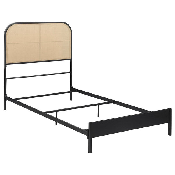 Ammy Twin Bed, Radio Weave Headboard, Brown Faux Rattan, Black Metal  -BM329258