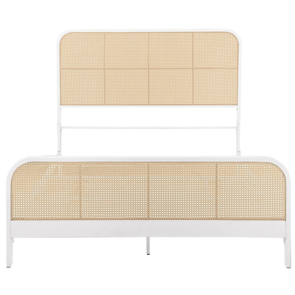 Lanie Queen Bed with Brown Open Cane Webbing Faux Rattan, White Metal  -BM329259