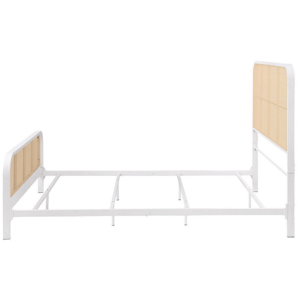 Lanie Queen Bed with Brown Open Cane Webbing Faux Rattan, White Metal  -BM329259