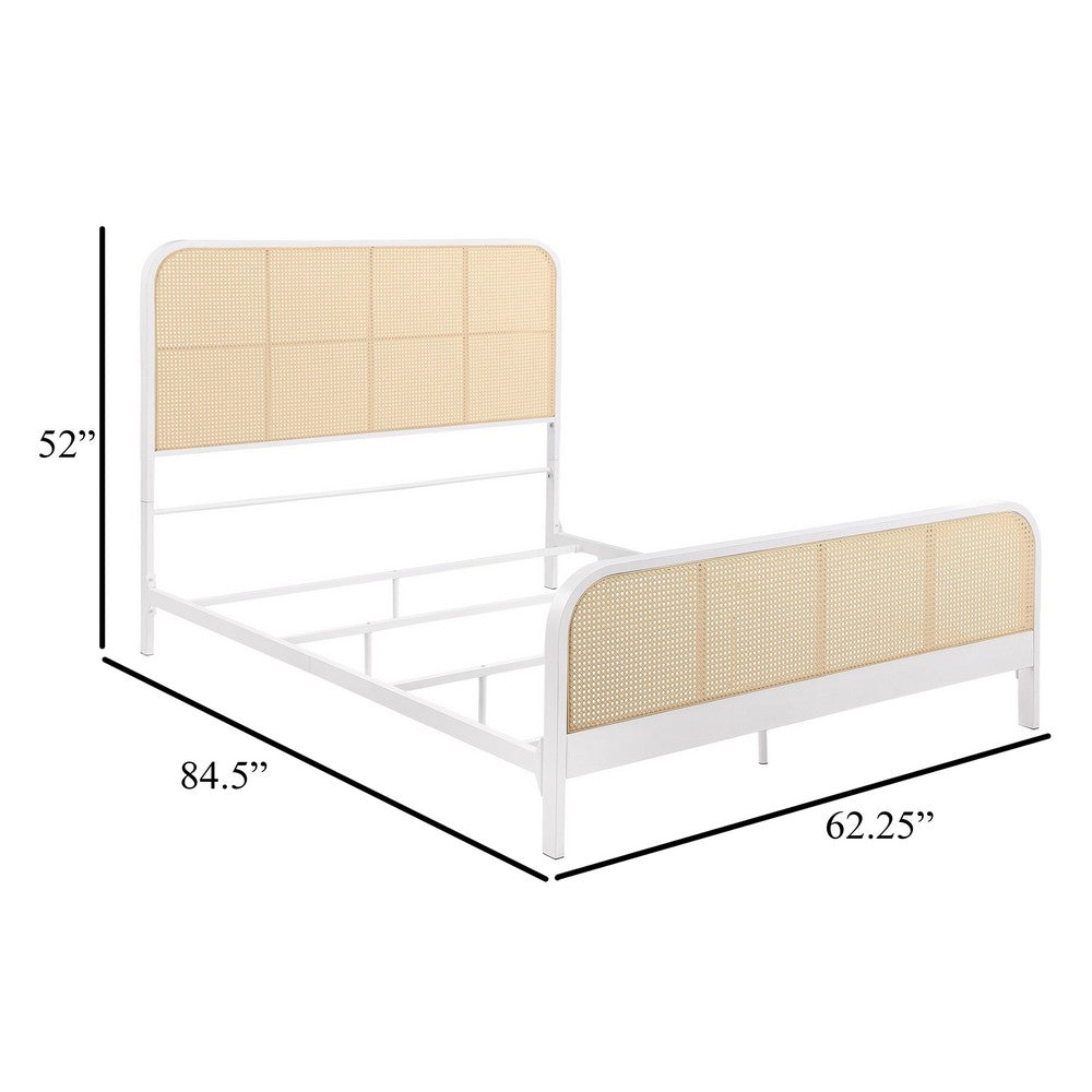 Lanie Queen Bed with Brown Open Cane Webbing Faux Rattan, White Metal  -BM329259