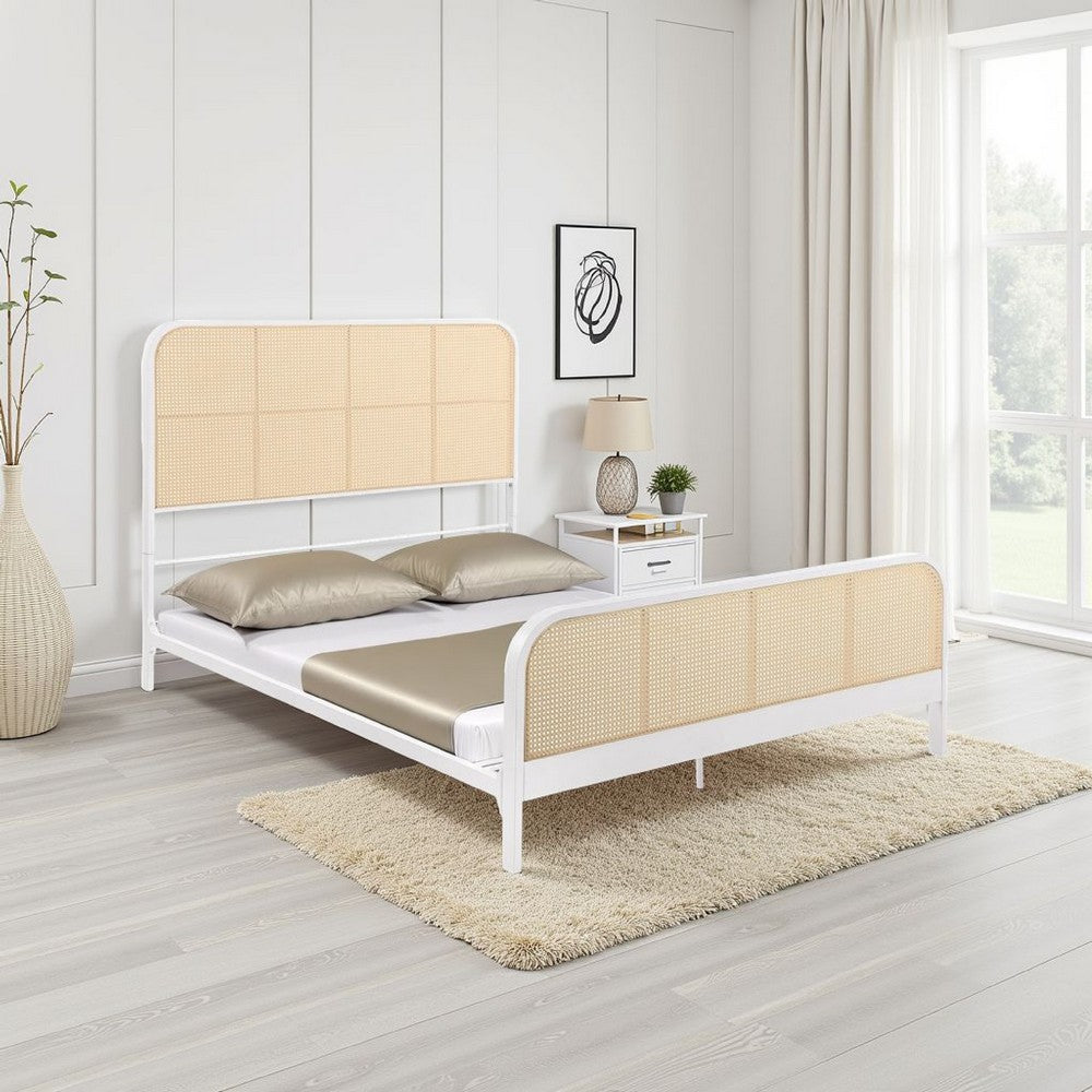 Lanie Queen Bed with Brown Open Cane Webbing Faux Rattan, White Metal  -BM329259