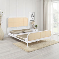 Lanie Queen Bed with Brown Open Cane Webbing Faux Rattan, White Metal  -BM329259