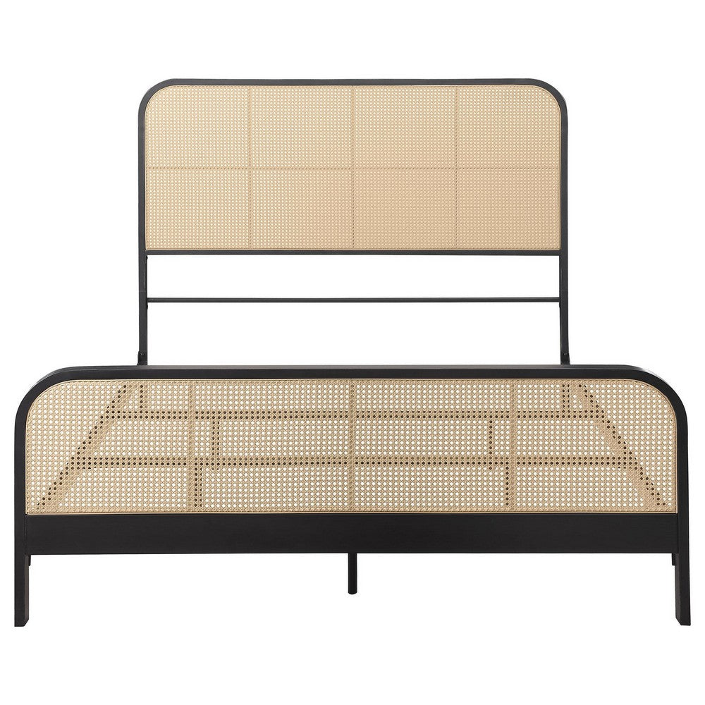 Lanie Queen Bed with Brown Open Cane Webbing Faux Rattan, Black Metal  -BM329261