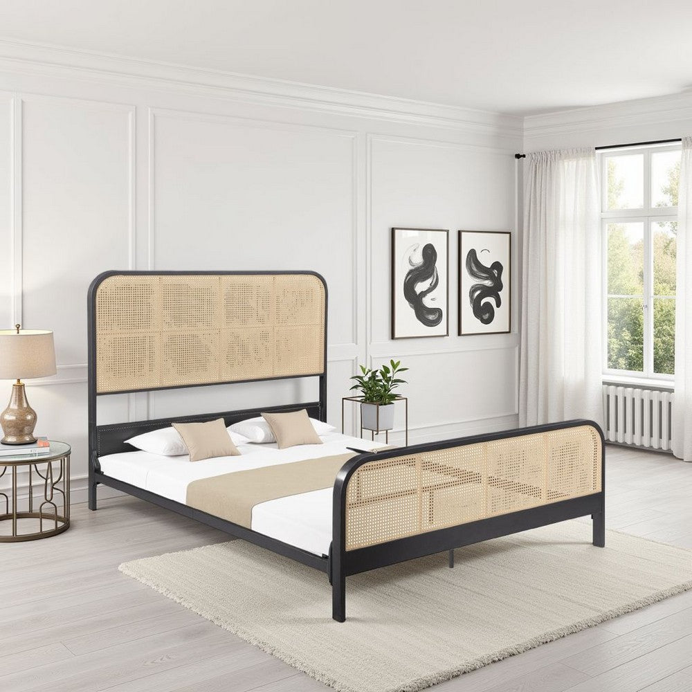 Lanie Queen Bed with Brown Open Cane Webbing Faux Rattan, Black Metal  -BM329261