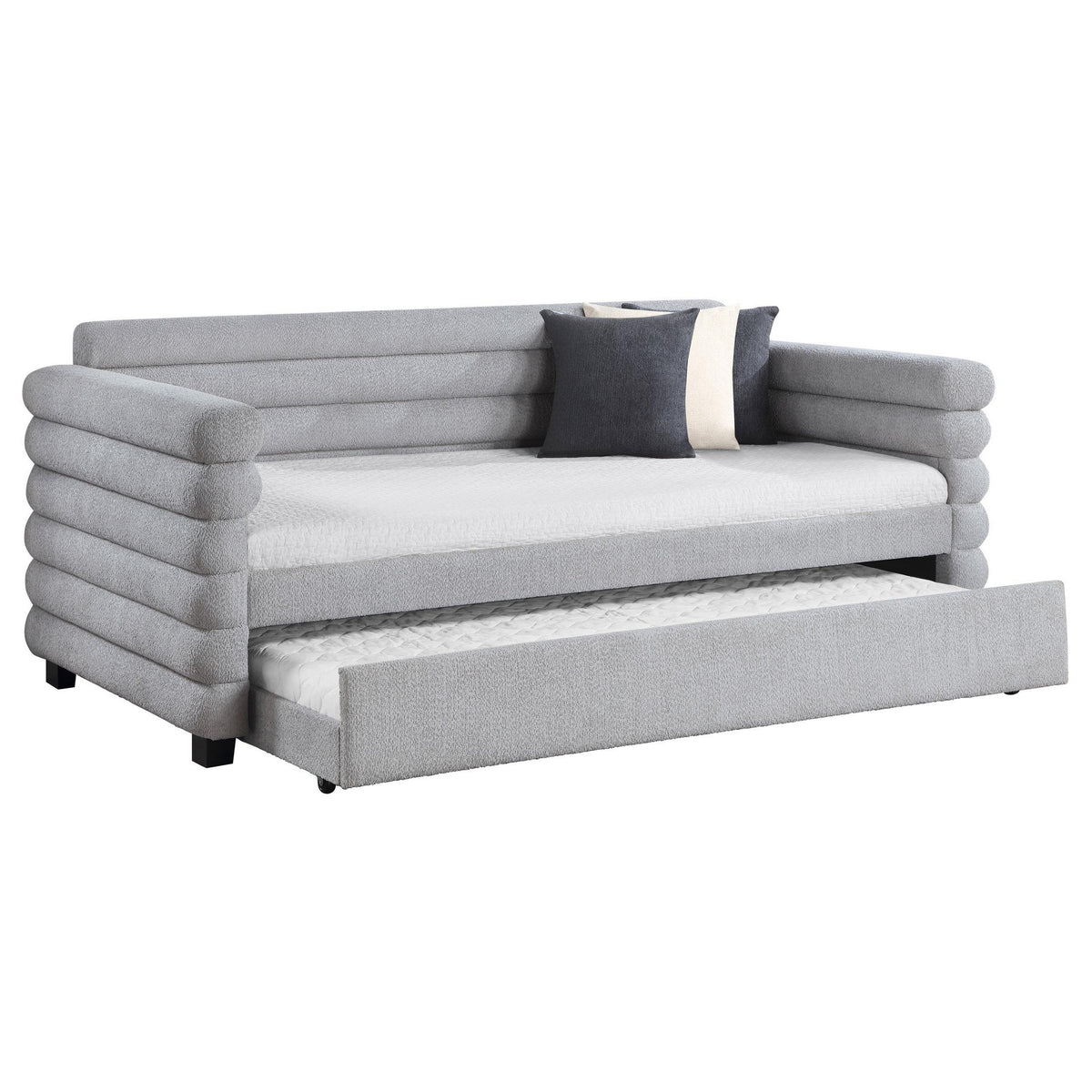 Ricia Twin Daybed with Twin Trundle, Layer Bolster Design, Gray Boucle