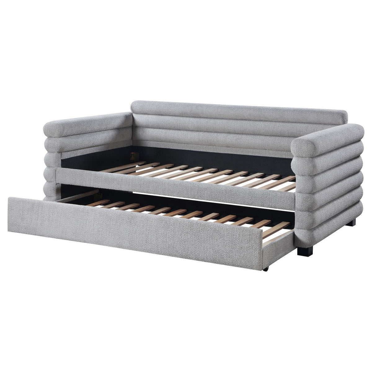 Ricia Twin Daybed with Twin Trundle, Layer Bolster Design, Gray Boucle