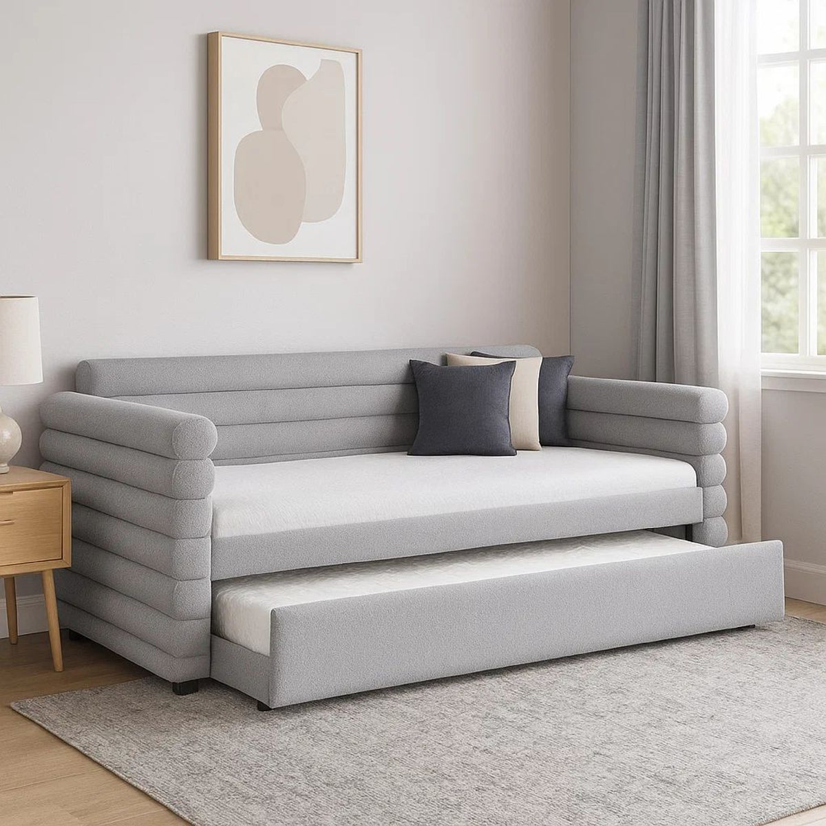 Ricia Twin Daybed with Twin Trundle, Layer Bolster Design, Gray Boucle