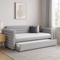 Ricia Twin Daybed with Twin Trundle, Layer Bolster Design, Gray Boucle