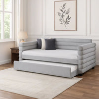 Ricia Twin Daybed with Twin Trundle, Layer Bolster Design, Gray Boucle