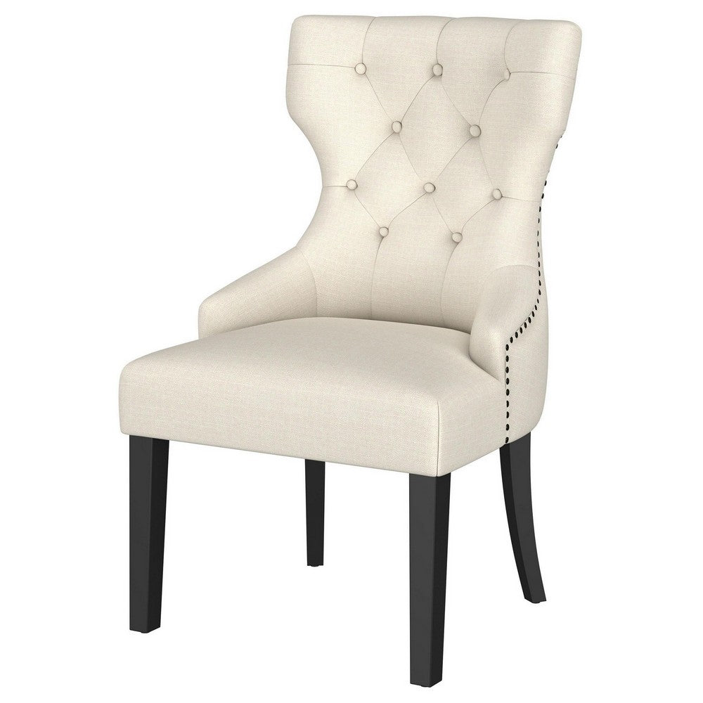 Aney Dining Side Chair, Curved Barrel Design, Beige Fabric, Black Wood -BM329271