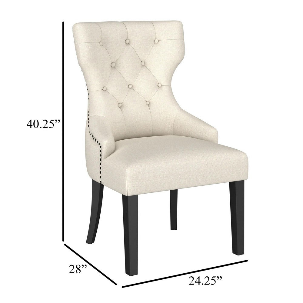 Aney Dining Side Chair, Curved Barrel Design, Beige Fabric, Black Wood -BM329271