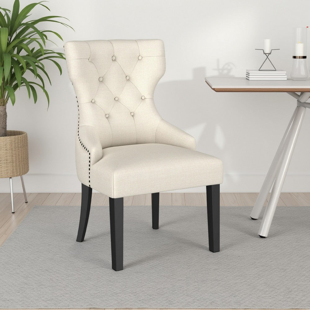 Aney Dining Side Chair, Curved Barrel Design, Beige Fabric, Black Wood -BM329271