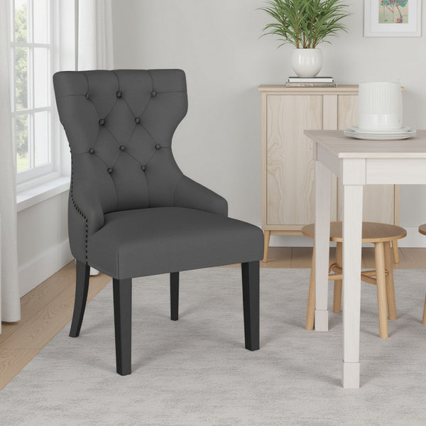 Aney Dining Side Chair, Curved Barrel Design, Gray Fabric, Black Wood -BM329272