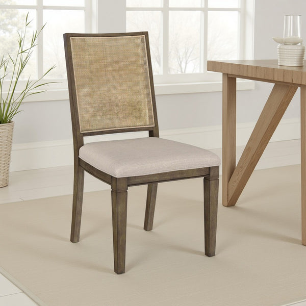 Andy Dining Side Chair Set of 2, Woven Rattan, Gray Fabric, Brown Wood -BM329282