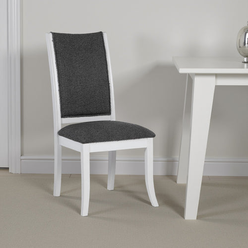Judy Dining Side Chair Set of 2, Flared Legs, White Wood, Gray Fabric -BM329287