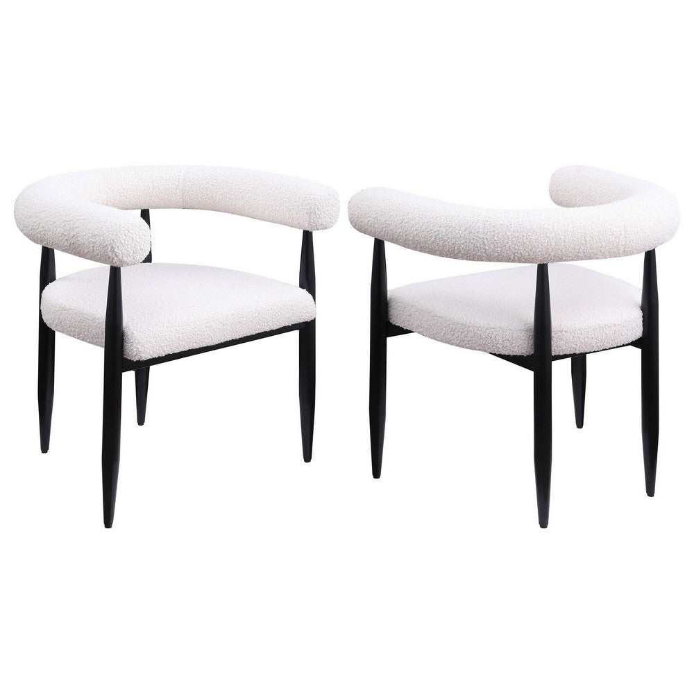 Noris Dining Chair Set of 2, White Fabric C-Shaped Back, Black Metal -BM329288